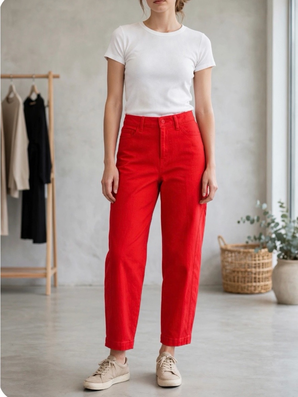 Red High-Waist Straight Jeans - Women